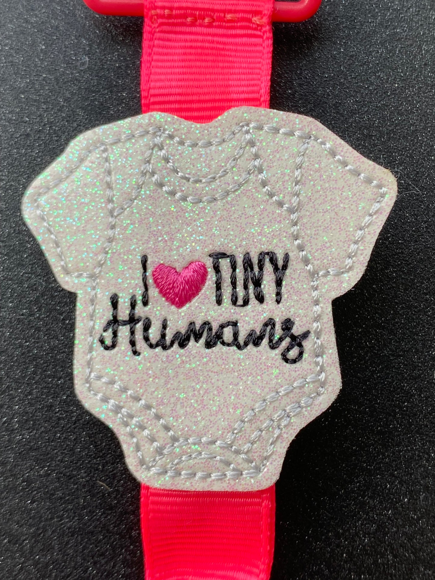 I love tiny humans hot pink MRI safe badge clip