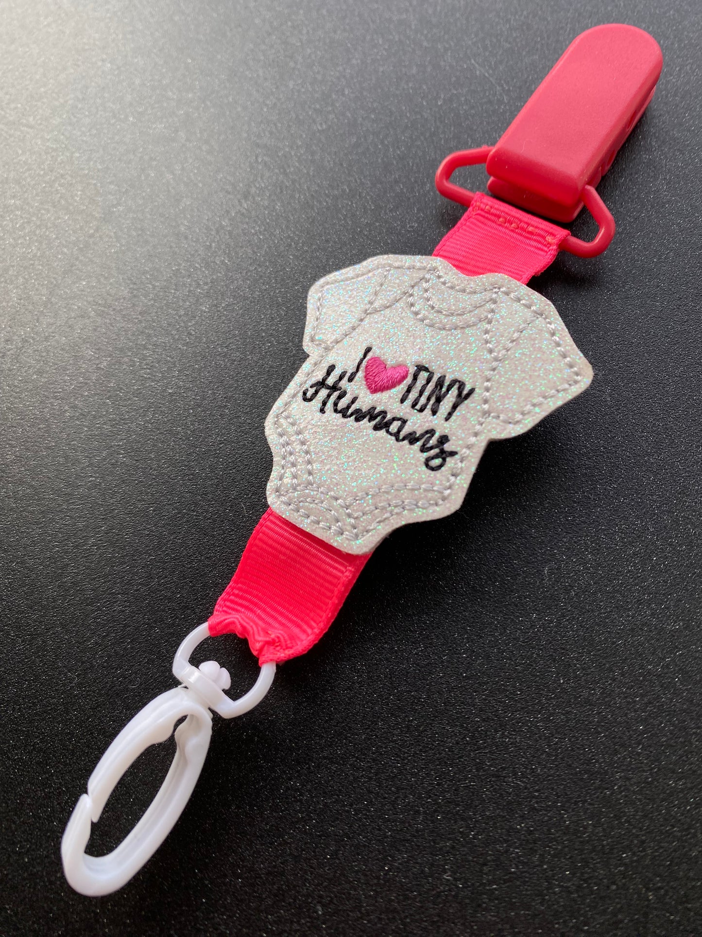 I love tiny humans hot pink MRI safe badge clip