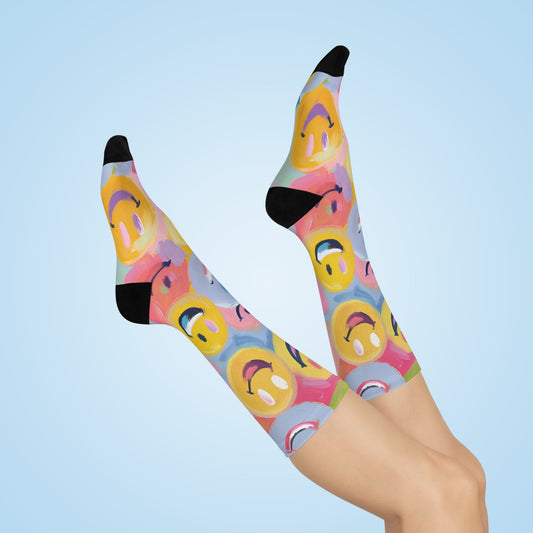 Colorful Smiley Face Crew Socks - Fun Cushioned Everyday Wear